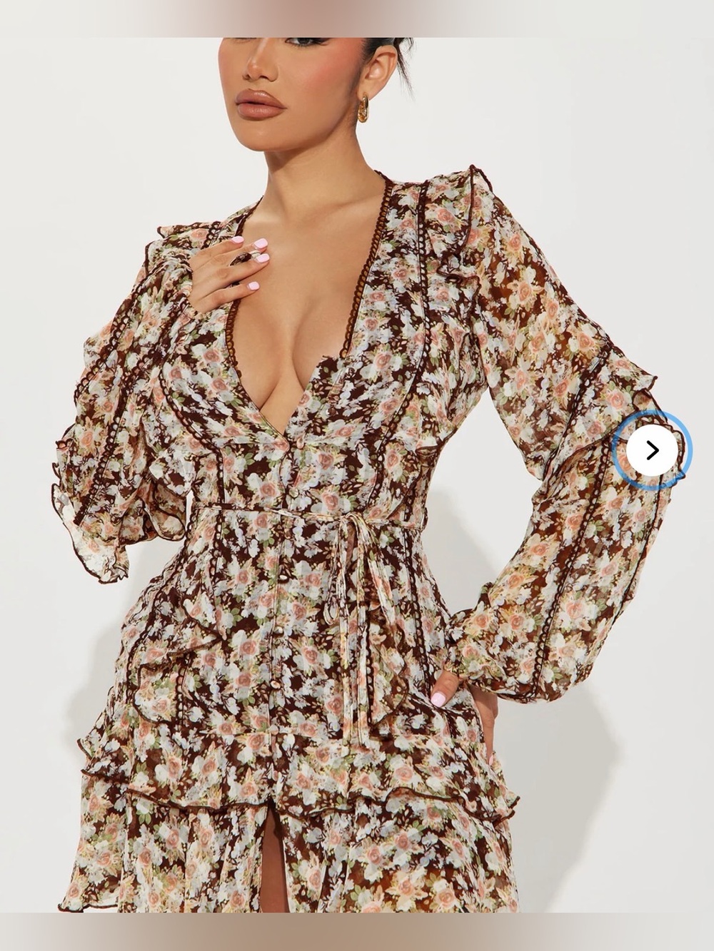 Floral V-Neck Ruffle Midi Dress in Brown